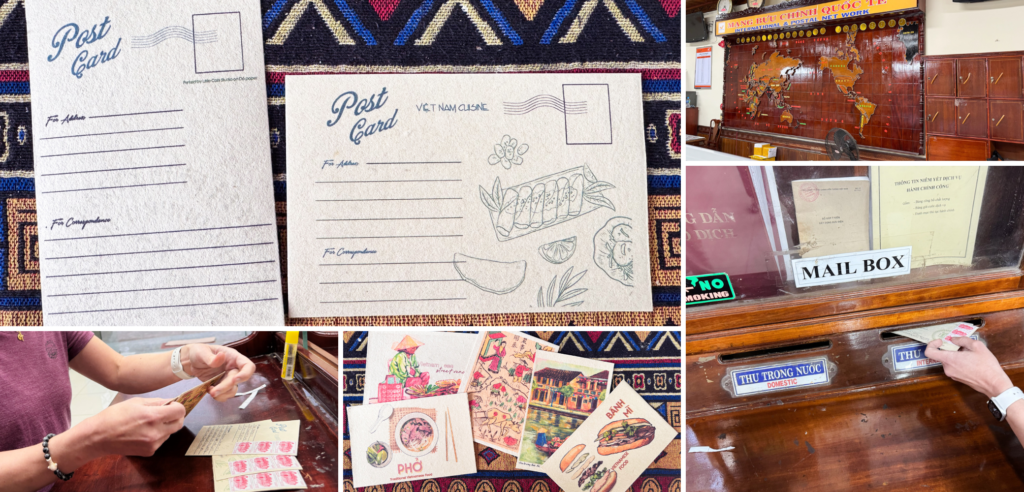 Collage of photos showing postcards, stamps, and the interior of the post office in Hoi An Vietnam